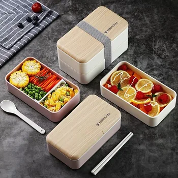 Двуслойни обяд-бокс за микровълнова фурна Bento Box в дървена стил, преносим контейнерная кутия, не съдържа BPA, Bento Lunch Box, ланчбокс Храна Bento Box