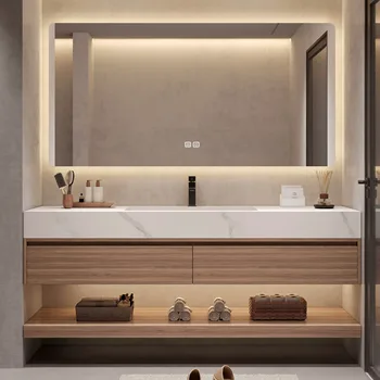 Комбинация от шкафове за баня с безпроблемна вградена мивка от нефтени шисти керамични изглежда минималистично.